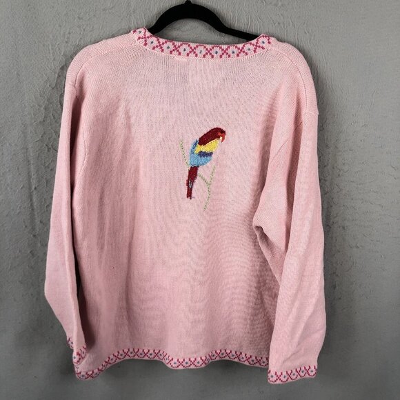 Storybook Sweater Womens 2X Plus Size Pink Parrots Tropical Cardigan Art to Wear - Picture 2 of 16